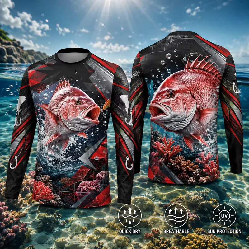Fishing Shirt Uv Protection - قميص صيد سمك السنابر الأحمر بأكمام